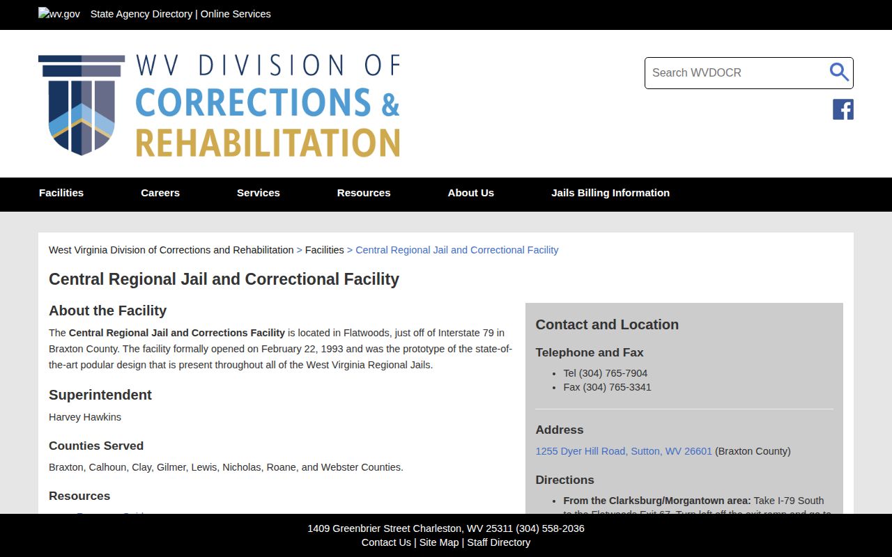 Central Regional Jail Lewis County inmate release facility overview